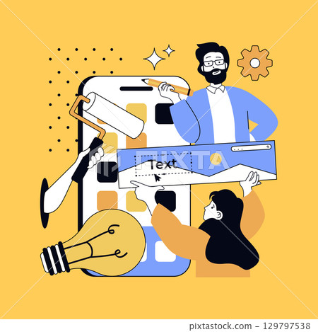 Graphic web design concept for modern website design. People creating layouts and templates, finding best visual ideas, coding on platform, working with colours and elements. Vector illustration. 129797538