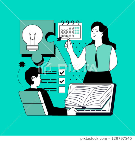 Education concept for modern web design. People reading textbooks at laptop, doing homework, studying at school or university, gain knowledges, watching video with teacher. Vector illustration. Education concept for modern web design. People reading textbooks at laptop, doing homework, studying at school or university, gain knowledges, watching video with teacher. Vector illustration. 129797540