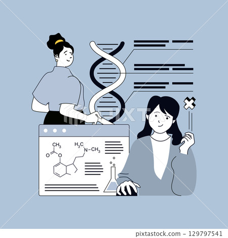 Education concept for modern web design. People studying at chemistry lessons in university, doing homework, gaining knowledge about biology, learning genetic with dna molecule. Vector illustration. 129797541