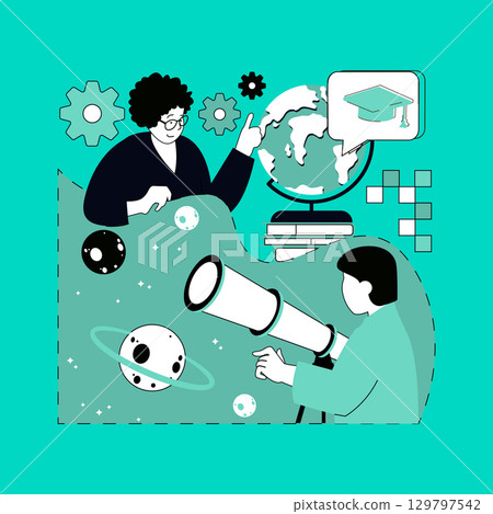 Education concept for modern web design. People reading books, studying at astronomy lessons, doing homework with globe, watching into telescope, gain knowledge about space. Vector illustration. 129797542
