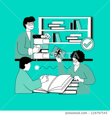 Education concept for modern web design. People reading book and textbooks in library or buying in bookshop, studying at lessons, gain knowledge and skills, training with teacher. Vector illustration. Education concept for modern web design. People reading book and textbooks in library or buying in bookshop, studying at lessons, gain knowledge and skills, training with teacher. Vector illustration. 129797545
