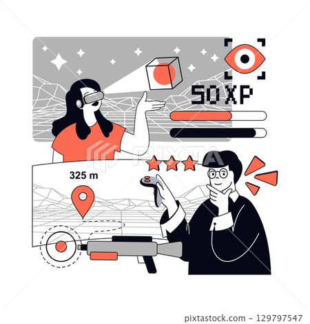 E-sport and video game concept for modern web design. People playing virtual online simulator or shooter, getting experience score, team compete in cyber sport championship. Vector illustration. E-sport and video game concept for modern web design. People playing virtual online simulator or shooter, getting experience score, team compete in cyber sport championship. Vector illustration. 129797547