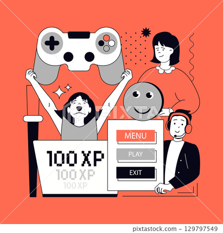 E-sport and video game concept for modern web design. People playing virtual online games using joystick, getting experience score, team compete in cyber sport championship. Vector illustration. E-sport and video game concept for modern web design. People playing virtual online games using joystick, getting experience score, team compete in cyber sport championship. Vector illustration. 129797549