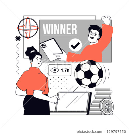 E-sport and video game concept for modern web design. People playing virtual football online using laptop, players team compete in cyber sport championship and winning prize. Vector illustration. E-sport and video game concept for modern web design. People playing virtual football online using laptop, players team compete in cyber sport championship and winning prize. Vector illustration. 129797550