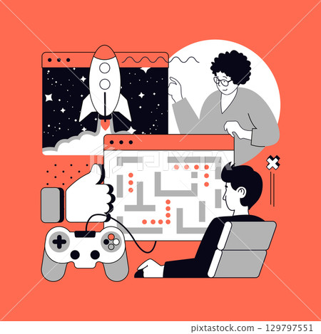 E-sport and video game concept for modern web design. People playing different virtual games online using console from home, players team compete in cyber sport championship. Vector illustration. E-sport and video game concept for modern web design. People playing different virtual games online using console from home, players team compete in cyber sport championship. Vector illustration. 129797551