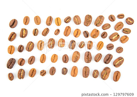 Various coffee beans arranged in a symmetrical pattern on a white background 129797609
