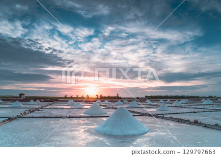 Sunset Light and Moving Clouds Over Salt Fields in Qigu, Tainan City, Taiwan. 129797663