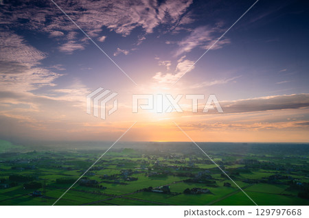 Stunning Sunset Over Yilan, Taiwan - Orange and Purple Sky. 129797668