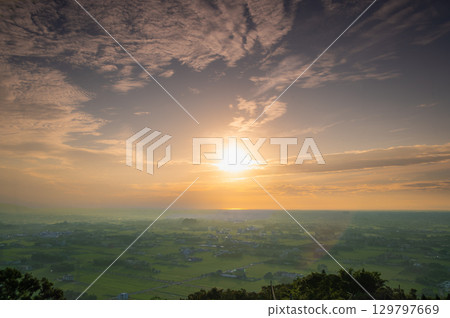 Stunning Sunset Over Yilan, Taiwan - Orange and Purple Sky. 129797669