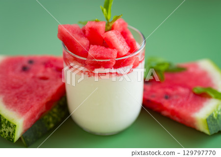 milky homemade yogurt with watermelon pieces for breakfast 129797770