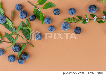 Arranged blueberries and mint on beige background 129797801