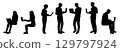 Businessman and woman working on laptop silhouette, woman man in front of laptop 129797924