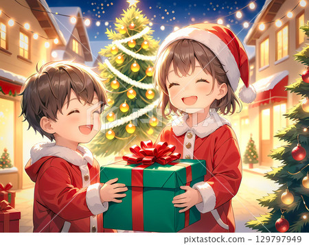 Children happy with presents in winter 129797949