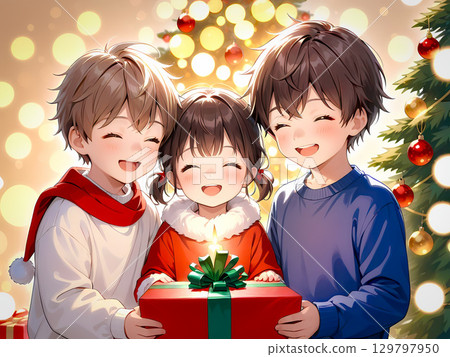 Children happy with presents in winter Children happy with presents in winter 129797950