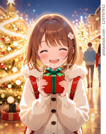 冬天，一個女孩收到禮物後很開心 129797952