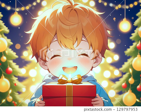 冬天裡,一個男孩因為收到禮物而開心 冬天裡,一個男孩因為收到禮物而開心 129797953