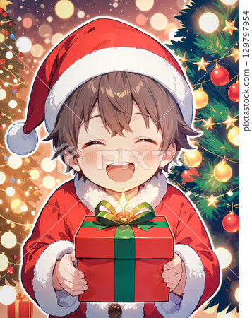 冬天裡,一個男孩因為收到禮物而開心 冬天裡,一個男孩因為收到禮物而開心 129797954