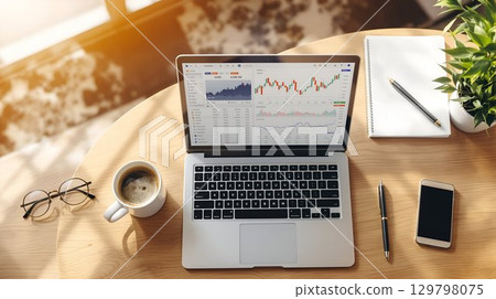 Stock market trading laptop with charts and graphs on wooden desk 129798075