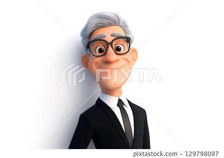 Friendly businessman cartoon character wearing a suit and glasses, smiling on a white background 129798097