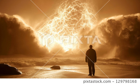A lone individual stands against towering tornadoes and erupting energy in a ruined city 129798168