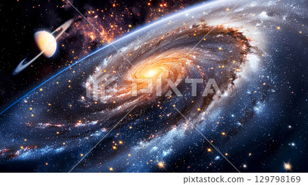 Colorful spiral galaxy with many stars and planet resembling saturn creating stunning deep space scene 129798169