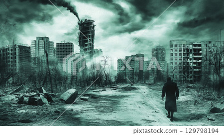 A lone figure stands amid chaos as massive tornadoes ravage a ruined urban environment 129798194