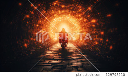 An astronaut on a motorcycle speeds through a luminous tunnel, exploring new dimensions 129798210