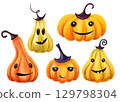 Orange Halloween pumpkins. Autumn watercolor hand-drawn isolated illustration. Funny Halloween kids style clip art on white background, for party decoration, sign, cards, label, poster, invitation. 129798304