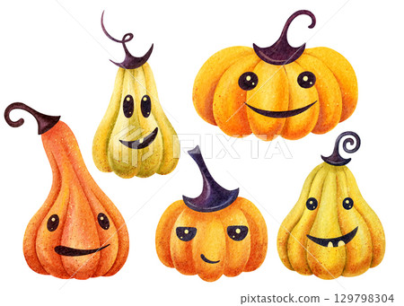 Orange Halloween pumpkins. Autumn watercolor hand-drawn isolated illustration. Funny Halloween kids style clip art on white background, for party decoration, sign, cards, label, poster, invitation. Orange Halloween pumpkins. Autumn watercolor hand-drawn isolated illustration. Funny Halloween kids style clip art on white background, for party decoration, sign, cards, label, poster, invitation. 129798304