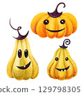Smiling funny pumpkins with hats. Hand-drawn watercolor set cartoon illustration, isolated clip art. Halloween symbol perfect for card, label, invitation, design and kids holiday decoration. 129798305