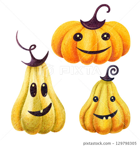 Smiling funny pumpkins with hats. Hand-drawn watercolor set cartoon illustration, isolated clip art. Halloween symbol perfect for card, label, invitation, design and kids holiday decoration. Smiling funny pumpkins with hats. Hand-drawn watercolor set cartoon illustration, isolated clip art. Halloween symbol perfect for card, label, invitation, design and kids holiday decoration. 129798305