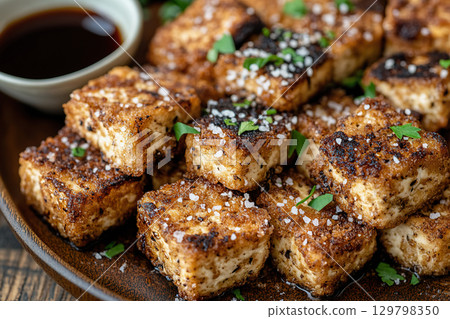 Crispy salt and vinegar air fried tofu served with fresh herbs and dipping sauce. 129798350