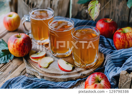 Apple Cider in Glasses on Rustic Table with Fresh Apples. 129798386