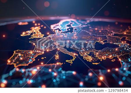 Digital map of Western Europe highlighting connectivity and telecommunications networks. Digital map of Western Europe highlighting connectivity and telecommunications networks. 129798434
