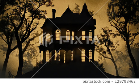 Spooky silhouettes of haunted mansion with backlighting at dusk during Halloween festivities. 129798462