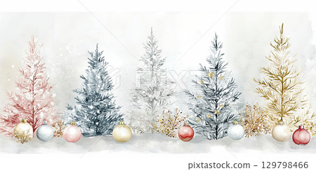 Collection of watercolor Christmas trees and decor in soft colors on white snow background. 129798466