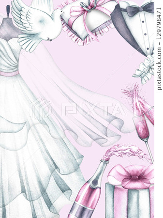 Wedding vertical frame with bride's dress and groom's suit, wedding rings, champagne and other wedding elements. Hand-drawn watercolor illustration. For greeting and invitation cards, flyers, posters. 129798471
