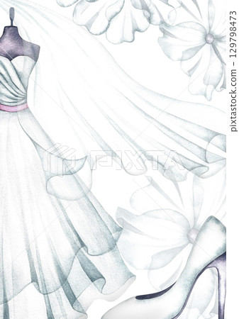 Wedding vertical frame. White wedding dress on a mannequin, veil, flowers, and bride's shoe. Hand-drawn watercolor illustration. For greeting and invitation cards, flyers, invitations, and more. 129798473