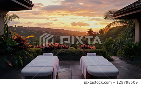 Peaceful outdoor spa retreat with sunset view and massage tables in serene surroundings. 129798509