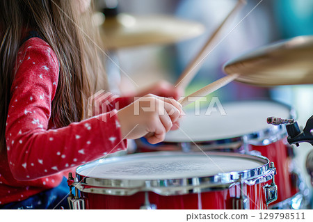 A young drummer enthusiastically hits the snare drum in a lively classroom setting 129798511
