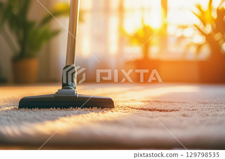 Home chores on a sunny day vacuuming living room carpet 129798535
