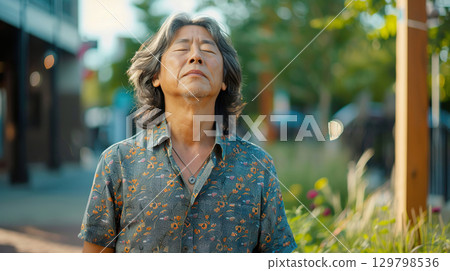 Mature Asian man stands serenely with eyes closed on a summer street 129798536