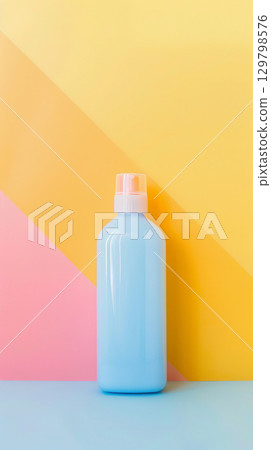 Cosmetic product. blue glass spray bottle placed on colorful background Cosmetic product. blue glass spray bottle placed on colorful background 129798576