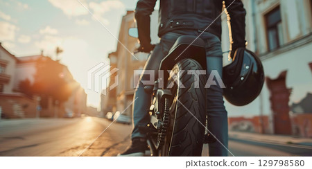 Biker stands with helmet in hand next to motorcycle during sunset in city 129798580