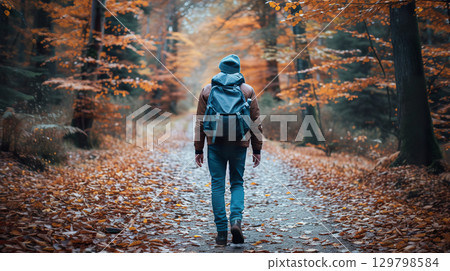 Back view of person hiking alone in forest, fall season. 129798584