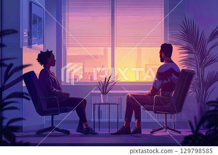 Two individuals engaged in a deep conversation during a therapy session at sunset 129798585
