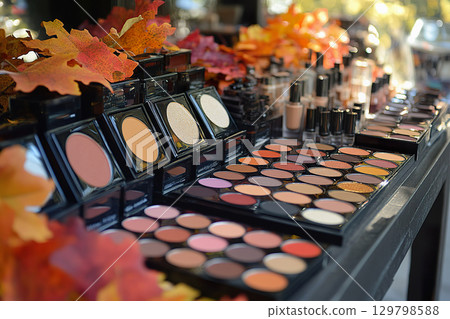 A display featuring various makeup palettes and nail polish surrounded by vibrant autumn leaves 129798588