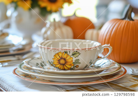 Cozy Thanksgiving table set with cheerful dishes and decorated pumpkins for a festive dinner. 129798598