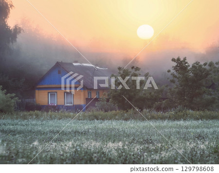 Beautiful sunrise view of the farm in the morning Beautiful sunrise view of the farm in the morning 129798608