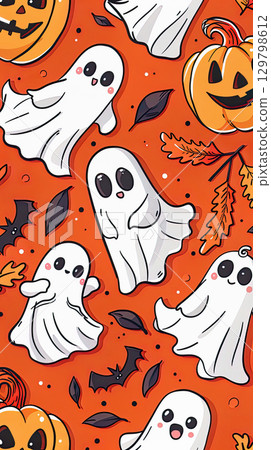 Playful Halloween Ghosts and Pumpkins Pattern with Autumn Leaves. 129798612